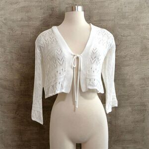 Sweet Kizz White Cardigan Front Tie Eyelet Sheer Bell Sleeve Y2K Small